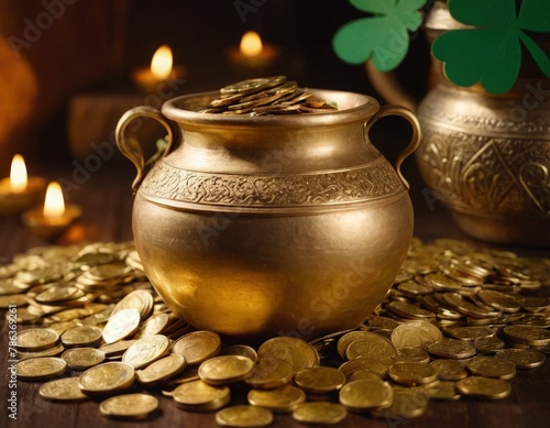 Golden Coins in Kalash Symbolizing Wealth and Prosperity, Treasure in a jug, Happy St patrick day. Big cauldron full of gold coin.