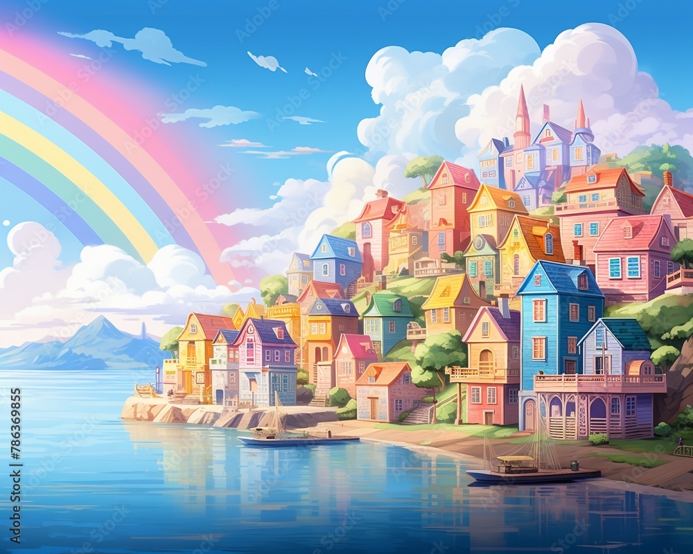 Dreamy coastal hamlet, candycolored homes with rainbow backdrop ,   illustration