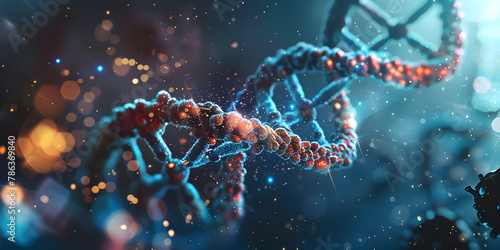Bionantechnology, digital illustration of glowing DNA strand , base pairs, DNA Damage, surgical lighting, genome, gene mutation