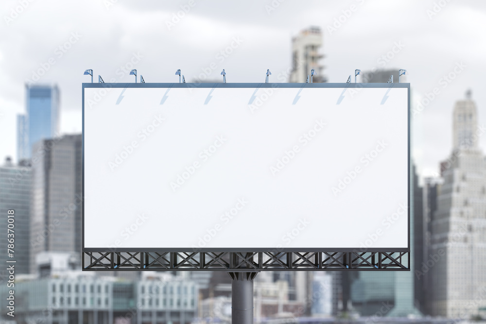 Blank white billboard on city buildings background at daytime, front view. Mockup, advertising concept Blank white billboard on city buildings background at daytime, front view. Mockup, advertising concept