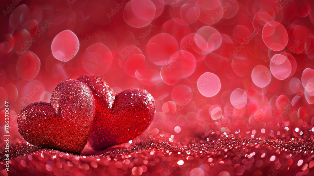 Red hearts on the background of red glitter. Romantic moment, Love theme style. Red hearts on the background of red glitter. Romantic moment, Love theme style.