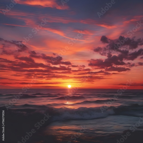 Stunning sunset over an ocean horizon with orange and pink hues spreading across the sky © Mah