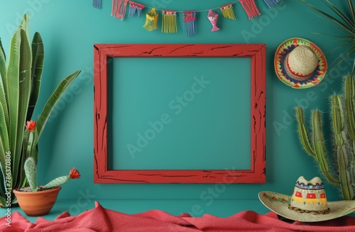 cinco de mayo mockup minimalistic red wooden frame with mexican decorations, green background. Cinco de Mayo themed mockup design template, with festive decorations photo