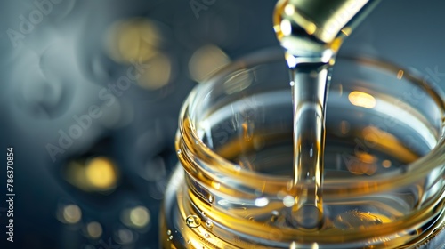 Drop and stream of oil or water falling into water, ripples in the background, close-up. Clear water with gold. super macro. Medicine or cosmetic liquid
