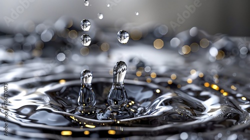 Drop and stream of oil or water falling into water, ripples in the background, close-up. Clear water with gold. super macro. Medicine or cosmetic liquid