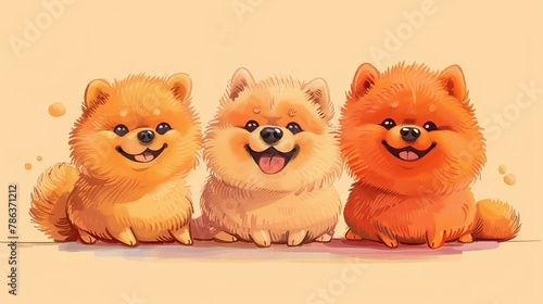 Three adorable cartoon Pomeranians with cheerful expressions sitting side by side © StasySin
