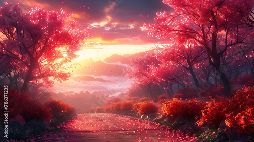 A vibrant digital artwork depicting a scenic path lined with glowing pink cherry blossom trees at sunset, with mountains in the background.