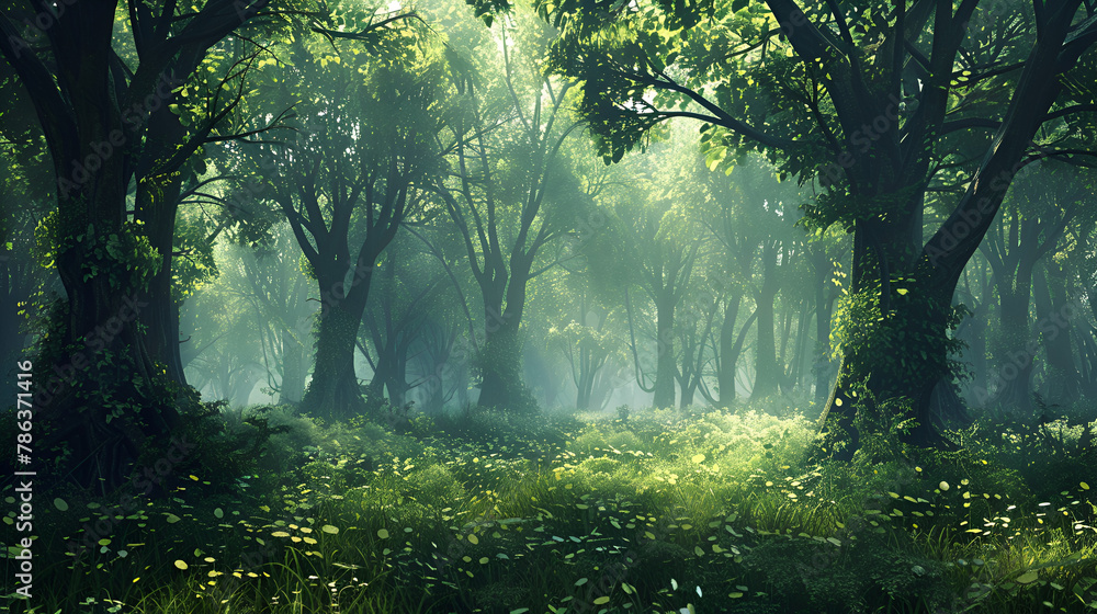 sun rays in the forest , generative ai