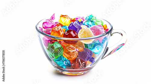 Glass cup with candies in colorful wrappers isolated on white 
