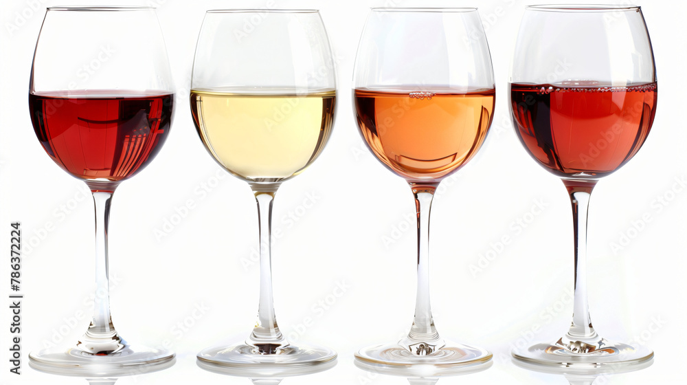 Glasses of white rose and red wine isolated on white