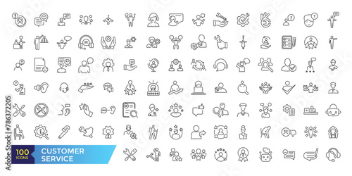 Customer service and support line icons set. Thin outline icons pack. Containing customer assistance, experience, feedback, operator and support icons. © Rubbble