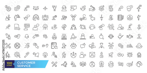 Customer service and support line icons set. Thin outline icons pack. Containing customer assistance, experience, feedback, operator and support icons.