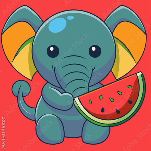 elephant and watermelon,elephant, animal, watermelon, cartoon, vector, cute, kawai