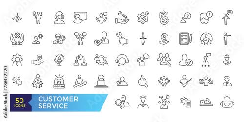 Customer service and support line icons set. Thin outline icons pack. Containing customer assistance, experience, feedback, operator and support icons.