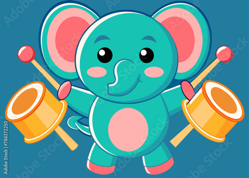 elephant playing drums,elephant, animal, drums, cartoon, vector, cute, kawai