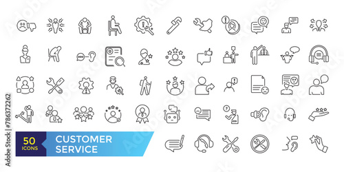 Customer service and support line icons set. Thin outline icons pack. Containing customer assistance, experience, feedback, operator and support icons.