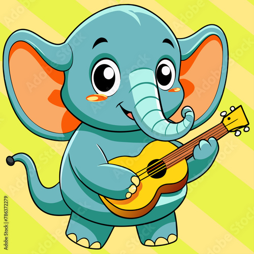 elephant playing ukulele,elephant, animal, ukulele, cartoon, vector, cute, kawai