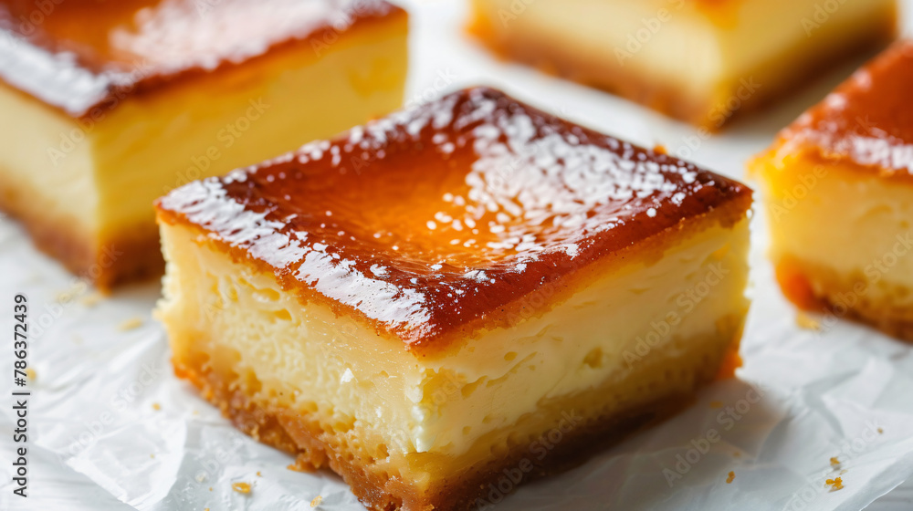 Glazed curd cheese bars on white table closeup