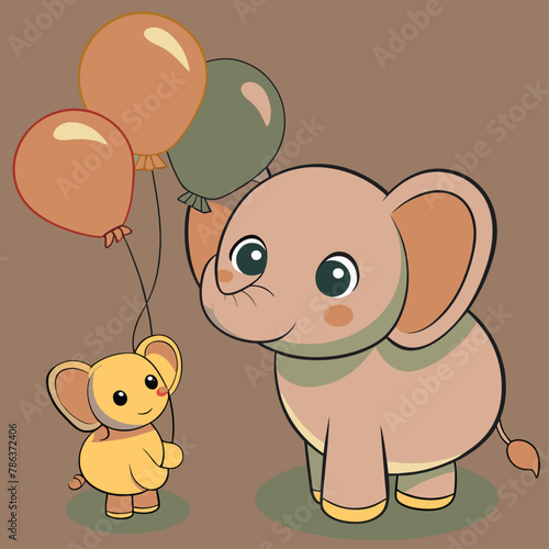 baby elephant plays with helium balloons with mother,elephant, animal, balloon, cartoon, vector, baby, mother, cute, kawai, love, warm, green