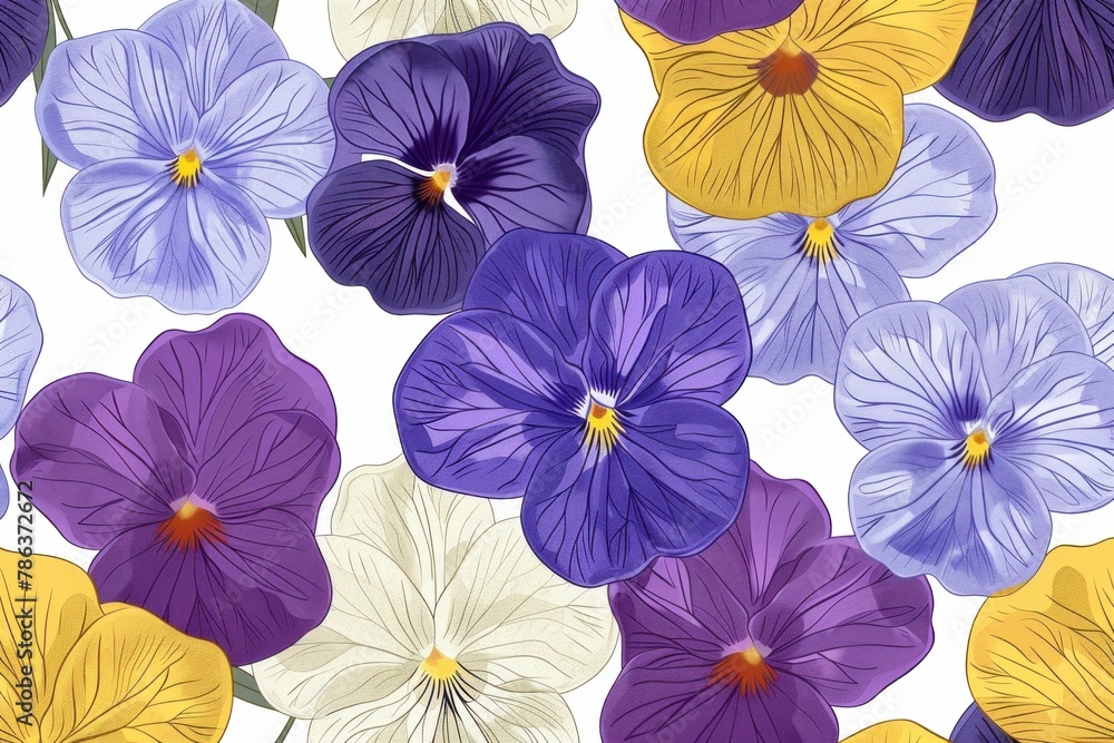 Beautiful seamless pattern of purple and yellow pansies on a white background illustration Beautiful seamless pattern of purple and yellow pansies on a white background illustration
