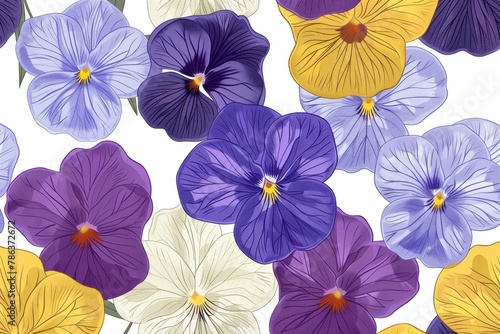 Beautiful seamless pattern of purple and yellow pansies on a white background illustration