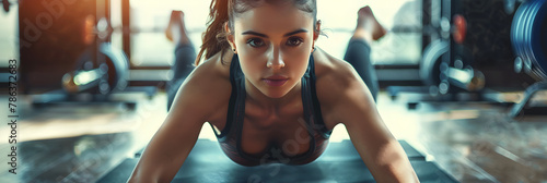 Young woman on fitness workout in sport club. female athlete training in gym .Strong and Fit Athletic Woman in Sport Top and Shorts is Doing Push Up Exercises photo