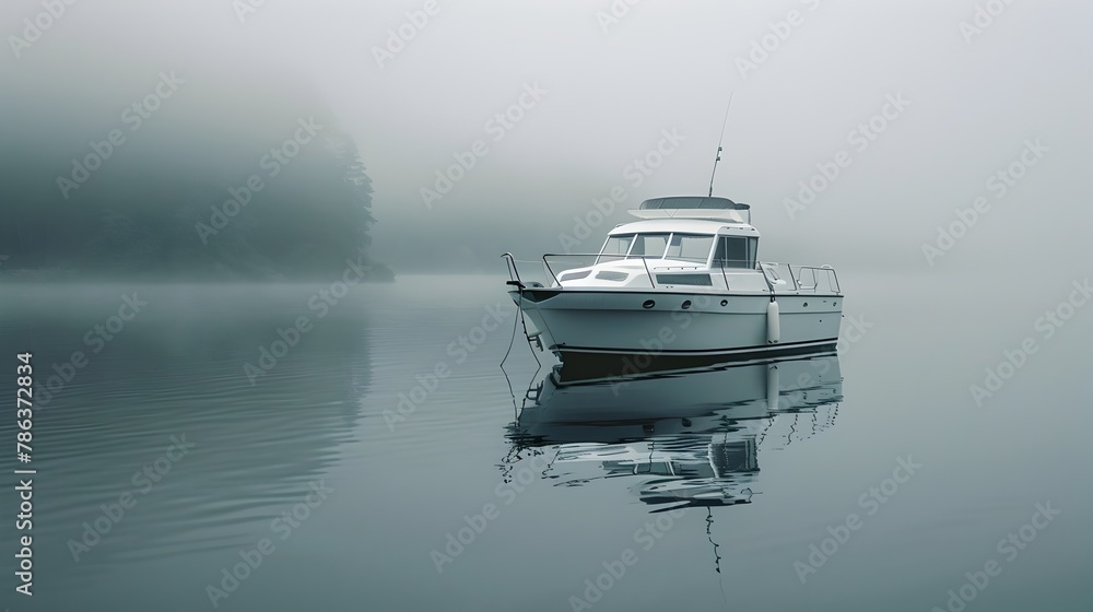 Naklejka premium Cabin Cruiser Adrift in Misty Morning Lake Tranquility