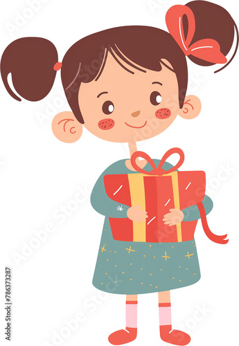 A little girl holding a gift box with a ribbon