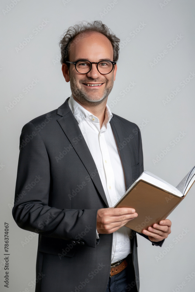 A man in glasses, wearing a business suit and a white shirt, is standing with an open notebook against a white background. A man in glasses, wearing a business suit and a white shirt, is standing with an open notebook against a white background.