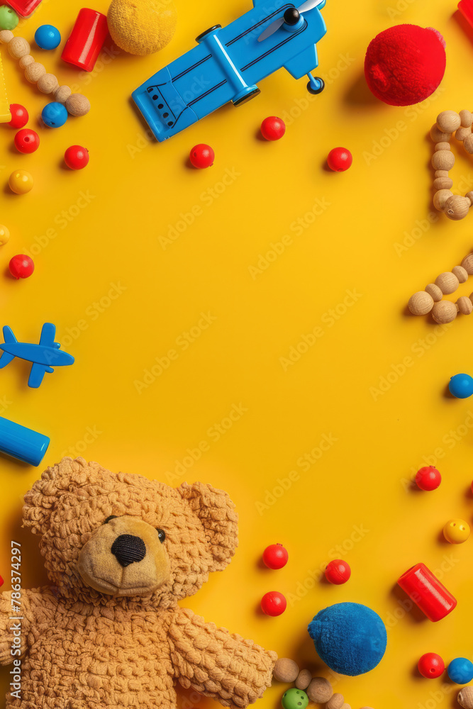 A yellow background features a frame of colorful toys like a teddy bear, airplane toy, and wooden beads, with room for text.