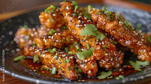 sweet and sour chicken in teriyaki sauce with sesame seeds