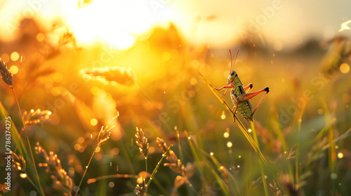 Grasshopper in morning meadow