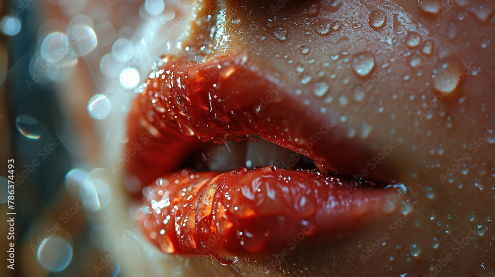 Very Close Up View of Beautiful Woman Wet Lips With Red Glossy Lipstick Selective Focus Very Close Up View of Beautiful Woman Wet Lips With Red Glossy Lipstick Selective Focus