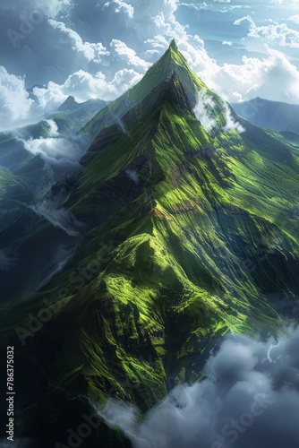 A high mountain peak  covered in lush green grass with clouds swirling around its top  is viewed from above.