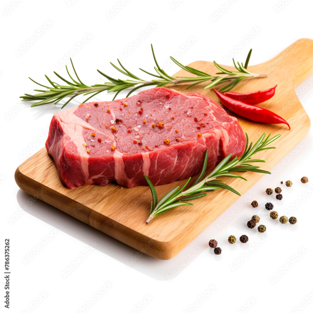Raw beef steak with rosemary and pepper isolated on white background сreated with Generative Ai Raw beef steak with rosemary and pepper isolated on white background сreated with Generative Ai
