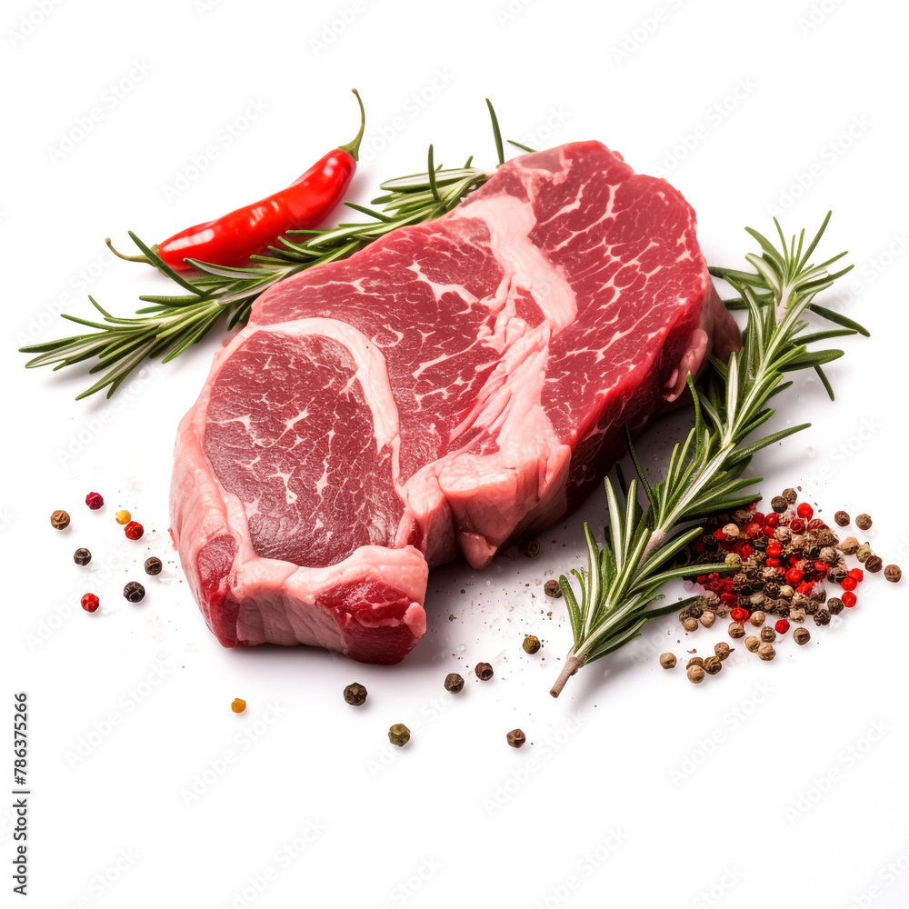 Raw beef steak with rosemary and pepper isolated on white background сreated with Generative Ai Raw beef steak with rosemary and pepper isolated on white background сreated with Generative Ai