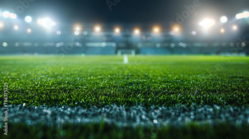 Green sports field under stadium lights bokeh effect.
