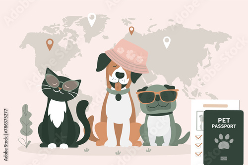 Vet passport, veterinary document that allows to travel with pet. Vet passport confirming vaccinations for pet. Dogs and cat ready to journey. Cute animals with ID
