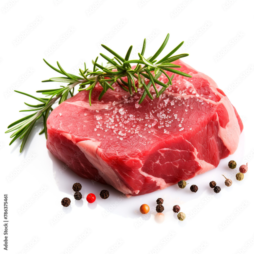 Raw beef steak with rosemary and pepper isolated on white background сreated with Generative Ai Raw beef steak with rosemary and pepper isolated on white background сreated with Generative Ai
