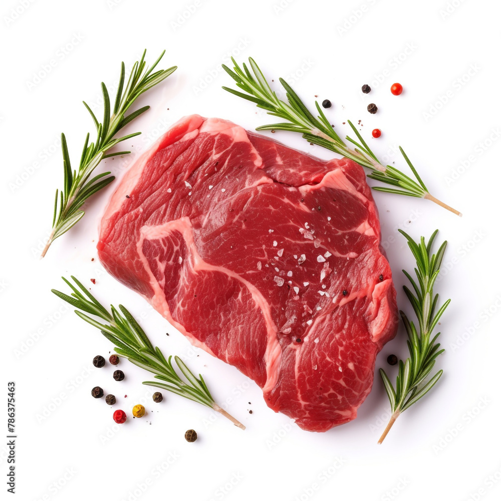 Raw beef steak with rosemary and pepper isolated on white background сreated with Generative Ai Raw beef steak with rosemary and pepper isolated on white background сreated with Generative Ai