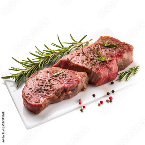 Raw beef steak with rosemary and pepper isolated on white background сreated with Generative Ai