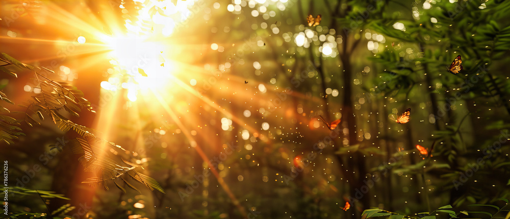 Naklejka premium Soft Green Forest with Sunlight Creating a Bright, Blurred Background, Perfect for a Spring or Summer Day