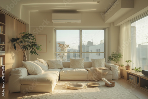 Serene Tokyo Apartment Living Room with Minimalist Design, Neutral Palette, Morning Light, and Linen Textures