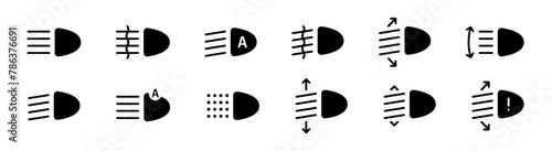 Headlight, light indicator dashboard icon collection. Car light symbol set. Vector solid, filled icons