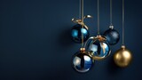 Minimalistic Christmas and New Year background with golden and blue glass balls.