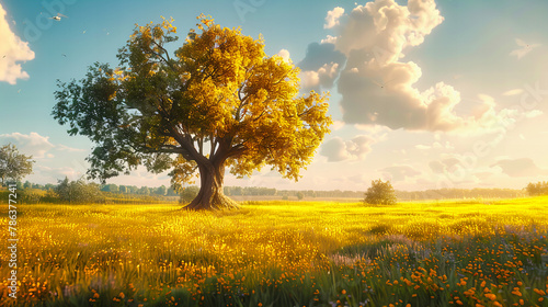 Solitary Tree in a Sunny Meadow, a Peaceful Scene with Soft Sunlight and Expansive Green Fields