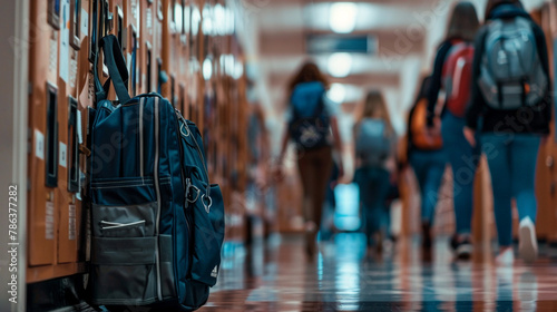 A school bag leaning against a locker in a bustling high school hallway, amidst passing students.
