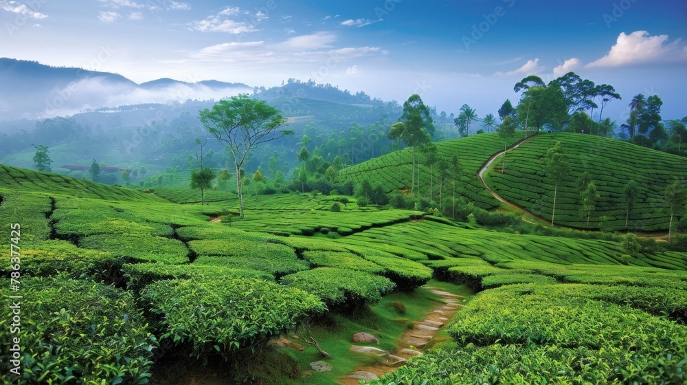 Tranquil tea plantation with lush greenery. Picturesque nature setting