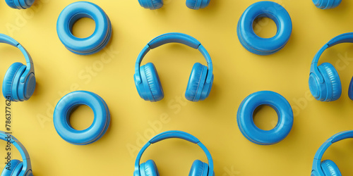 Many blue headphones arranged in a pattern on top of a yellow background, flat lay, 3d ing