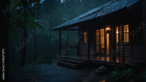 Rain on the cabin in the woods, tropic, quiet, calm, peaceful, meditation, retreat, night, relax.